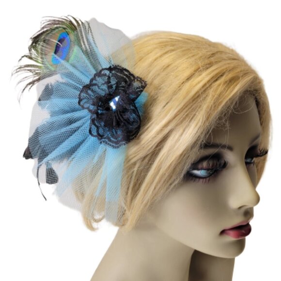 Blue Tulle Lace Fascinator Peacock Feathers Hair Accessory Brooch Pin - Picture 1 of 11